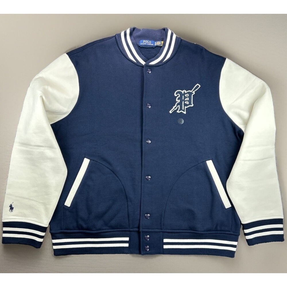 Polo Ralph Lauren Mens Varsity Letterman Jacket Navy Blue Fleece Snap XL NWT